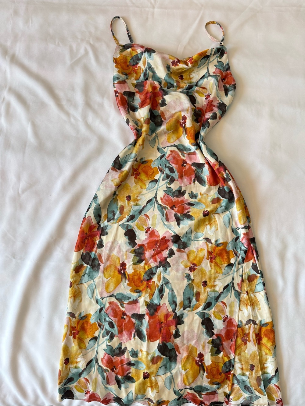 Inspired Hearts Floral Satin Slip Dress Cowl Neck Long Adjustable Straps Sz S